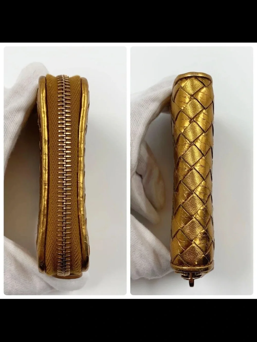 Bottega Veneta Gold Intrecciato Zip Card Wallet